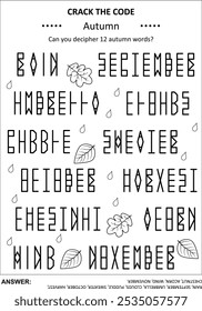 Quebre o jogo de palavras de código, ou quebra-cabeça de palavras de código, com várias palavras relacionadas ao outono e cifra de letras espelhadas. Resposta incluída.
