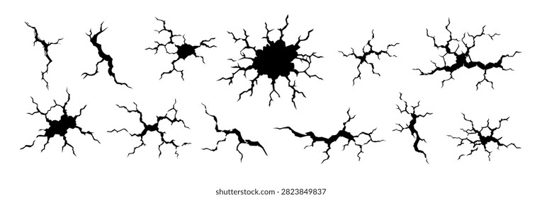 Crack Collection Set with Ground Wall and Concrete Damage.Crack and fracture elements featuring broken ground, damaged concrete, wall fissures, shattered surface effects, and irregular split shapes in silhouette style on white background for game design, graphic design, textures, overlays, and construction concepts.Vector illustration