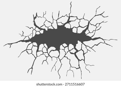 Riss Betonwand Textur, Boden Boden gebrochen Effekt. Horizontale Brüche auf der Landoberfläche. Trockener Boden. Durch Erdbebenriss und -bruch beschädigt.