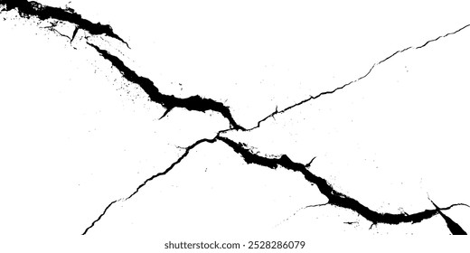 crack concrete white wall or Cement wall background. Wall crack black silhouettes, earthquake effect. Fissure top view. distress grunge texture, cracked wall texture.