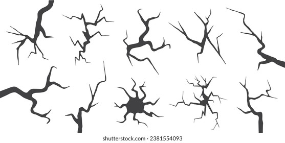 Crack cracked ground vector icon, earthquake effect, hole wall, ice, glass, egg, dry fissure on land surface, break set from disaster or drought, fractures top view isolated on white background