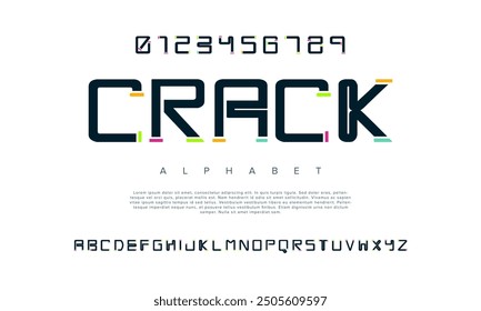 Crack creative modern geometric urban alphabet font. Digital abstract futuristic, game, techno, robot, music, logo, sport, minimal technology typography. Simple numeric vector illustration