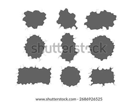 Crack and damaged concrete wall hole set background decoration illustration