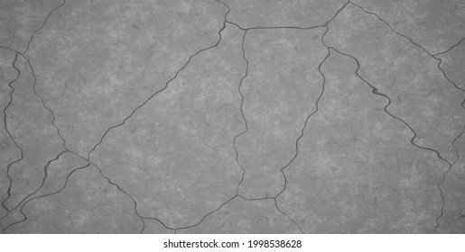 Crack dark gray concrete texture. Broken cement wall or floor background with cracks, scratches and chips. Horizontal stone grunge texture. 3d realistic vector illustration