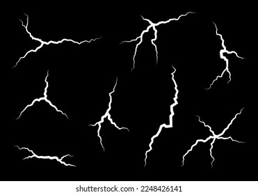 Crack effect set. Fissure texture. Wall, ground, glass, concrete cracks. Earthquake or lighting symbol collection. Vector illustration.