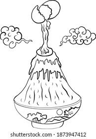Crack an egg into rice bowl on Fuji mountain.Beautiful line art of Japanese food for painting on wallpaper at restaurant.Chinese food vector illustration.