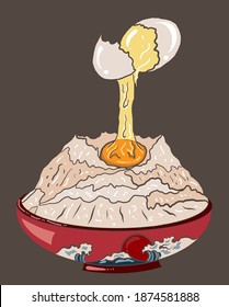 Crack an egg into rice bowl on Fuji mountain.Beautiful line art of Japanese food for painting on wallpaper at restaurant.Chinese food vector illustration.