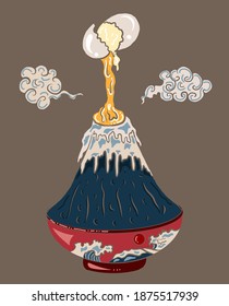 Crack an egg into rice bowl on Fuji mountain.Beautiful line art of Japanese food for painting on wallpaper at restaurant.Chinese food vector illustration.