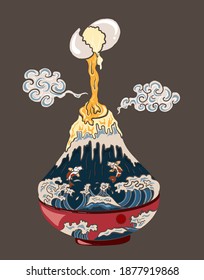 Crack an egg into rice bowl on Fuji mountain.Beautiful line art of Japanese food for painting on wallpaper at restaurant.Chinese food vector illustration.