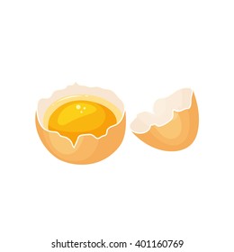 Crack egg with yolk. Baking and cooking Ingredient. Eggshell and protein. Healthy organic food. Diet product. Raw and broken