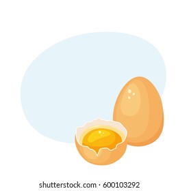 Crack egg with yolk. Baking and cooking Ingredient. Eggshell and protein. Healthy organic food. Diet product. Raw and broken