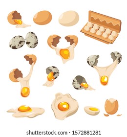 Crack eggs with yolks, baking and cooking ingredients isolated icons vector. Eggshell and proteins, healthy organic farm food and diet. Raw and broken shell, chicken or quail product, nutrition