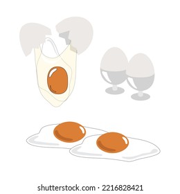 Crack Eggs With Yolks Set. Fried Egg With Yellow Yolk. Eggshell And Proteins. Side View Of Cooked Breakfast Dish. Colored Flat Cartoon Vector Illustration.