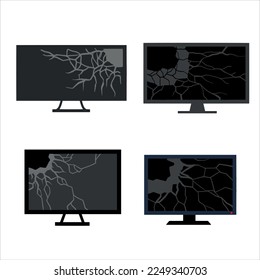 Crack in Flat Television. Set of Broken Modern TV. Black screen. Repair and warranty of Electronic equipment and monitor