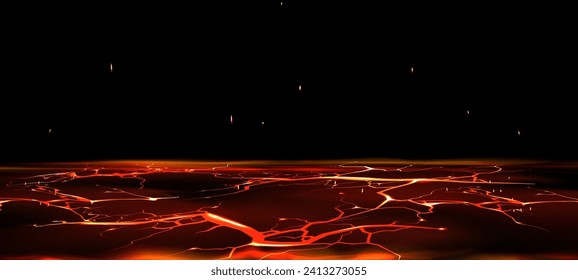 Crack ground or floor with red light glowing. Realistic vector illustration of broken molten volcanic terrain with fracture crash, bright energy burn lightening, floating flare sparkles and smoke.