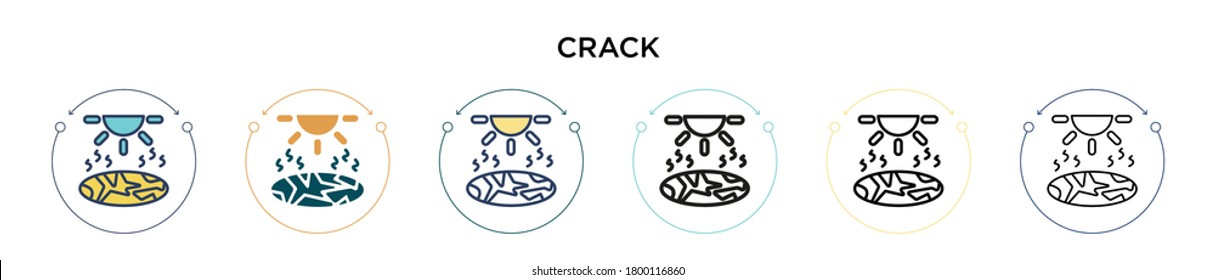 Icono de la hendidura en el estilo relleno, delgado, contorno y trazo. Ilustración vectorial de dos iconos de los vectores de crack de color y negro se puede utilizar para móviles, ui, web