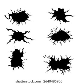 Crack icon set in black silhouette style showing broken, shattered, and fractured designs. Ideal for illustrating damage, stress, impact, or destruction in bold and minimal graphic projects.

