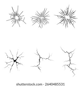 Crack icon set featuring various styles of cracks, fractures, and broken surfaces. Includes sharp, jagged, and shattered designs—perfect for damage effects, warning signs, or broken object graphics.

