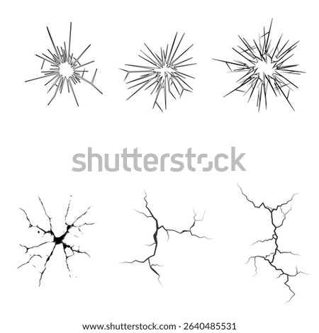 Crack icon set featuring various styles of cracks, fractures, and broken surfaces. Includes sharp, jagged, and shattered designs—perfect for damage effects, warning signs, or broken object graphics.

