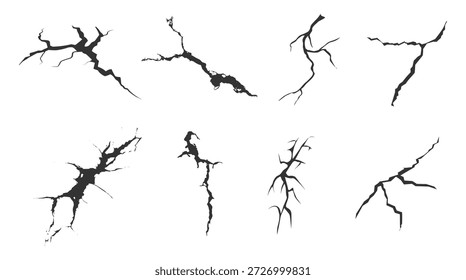 Crack icon set in vector silhouette style showing fractured surface patterns for EPS damage, texture, and design templates.