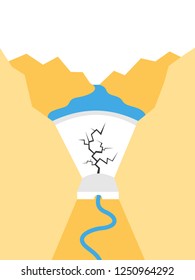 Crack on arch dam - failure of water reservoir and hydroelectric plant. Infrastructure buildign is going to fall and fail. Daner and risk. Vector illustration