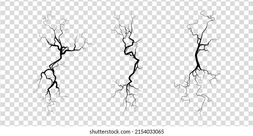 Crack on concrete or ground due to aging or drought. Set of fissures isolated in transparent background. Monochrome vector illustration