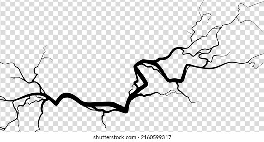 Crack on concrete or ground due to aging or drought. Fissure isolated in transparent background. Monochrome vector illustration