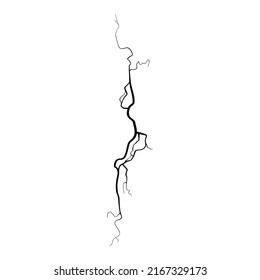 Crack on concrete or ground due to aging or drought. Fissure isolated in white background. Monochrome vector illustration