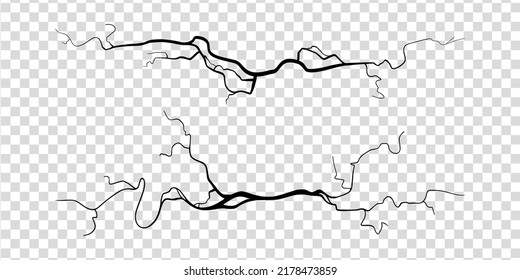 Crack on concrete or ground due to aging or drought. Set of fissures isolated in transparent background. Monochrome vector illustration