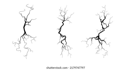 Crack on concrete or ground due to aging or drought. Set of fissures isolated in white background. Monochrome vector illustration