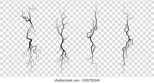 Crack on concrete or ground due to aging or drought. Set of fissures isolated in transparent background. Monochrome vector illustration