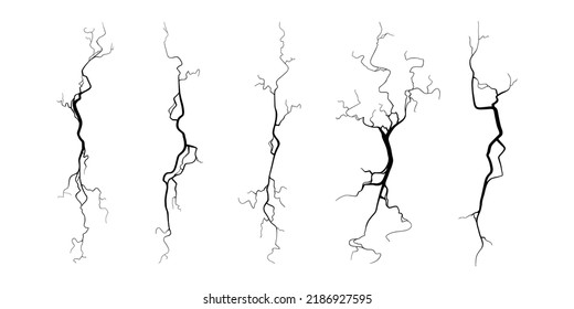Crack on concrete or ground due to aging or drought. Set of fissures isolated in white background. Monochrome vector illustration