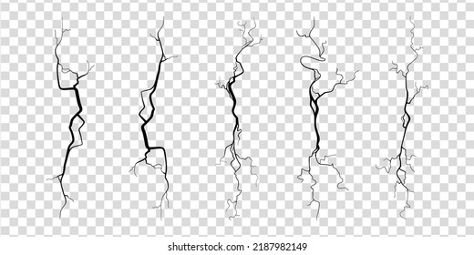 Crack on concrete or ground due to aging or drought. Set of fissures isolated in transparent background. Monochrome vector illustration
