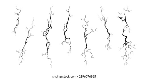 Crack on concrete or ground due to aging or drought. Set of fissures isolated in white background. Monochrome vector illustration