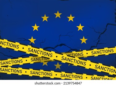 La fisura en la bandera de la Unión Europea y las cintas son amarillas con la inscripción "Sanciones". Crisis en Rusia y Ucrania. negociaciones políticas. El colapso económico y la guerra 
