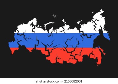 Crack on the map of Russia - decline, ruin, collapse, failure, disintegration and decimposition of Russian country and state. National flag on black. Vector illustration.