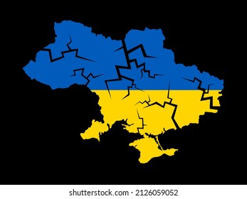 Crack on the map of Ukraine - decline, ruin, collapse, failure, disintegration and decimposition of Ukrainian country and state. National flag on black. Vector illustration.