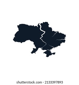 Crack on the map of Ukraine - decline, ruin, collapse, failure, disintegration and decimposition of Ukrainian country and state. Stock vector illustration isolated on white background.