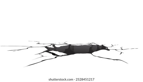 Crack on wall. Brocken concrete floor with hole. 3d texture of split surface. Isolated realistic fracture and destruction perspective view. Drought cement or ground with line. Hit impact illustration