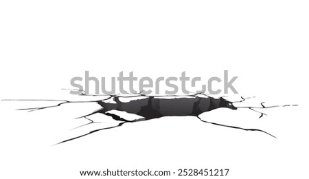 Crack on wall. Brocken concrete floor with hole. 3d texture of split surface. Isolated realistic fracture and destruction perspective view. Drought cement or ground with line. Hit impact illustration