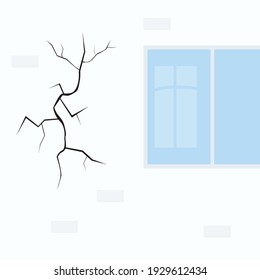 Crack on the wall of the house. Damaged plaster near the window. The concept of repair or construction work. Bad, old condition of the house. Vector illustration.