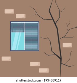 Crack en la pared de la casa. Aplausos dañados cerca de la ventana. Concepto de defecto, destrucción de un edificio, reparación o construcción. Mala, vieja condición de la casa. Ilustración vectorial.