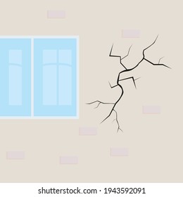 Crack on the wall of the house. A split near the window. Damaged plaster. The concept of defect, building destruction, repair or construction work. Bad, old condition of the house. Vector illustration