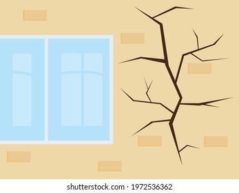 Crack on the wall near the window, vector illustration. A cleft in the plaster of the house. Damage, hole on the outer wall, brick surface of the building. Destruction as a result of an earthquake