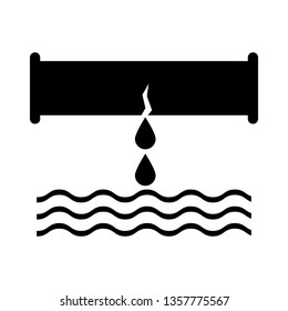 A crack in the pipe, water flows out, drops, black on a white background, vector
