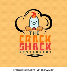 The CRACK SHACK Restaurant Emblem Logo.Chicken with Leg Pieces in the Chef Hat with Fire and Heart.