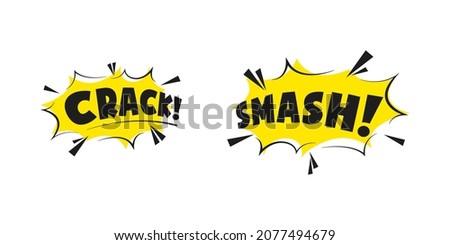 Crack and smash comic words in burst effect yellow frame. Comics text retro curve exploding illustration.