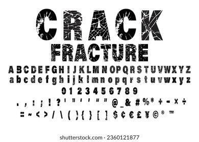 Crack texture, distressed alphabet, letter with symbol, vector