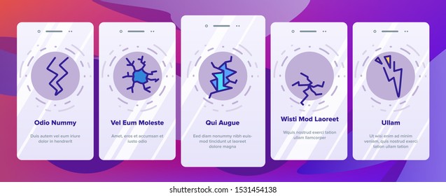 Crack Things Onboarding Mobile App Page Screen Vector Thin Line. Crack Glass And Window, Shield And Smartphone Display Screen, House And Heart Concept Linear Pictograms. Color Contour Illustrations