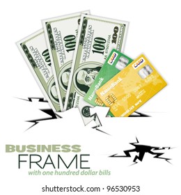 Crack with Three Hundred Dollar Bills and Credit Cards, vector illustration